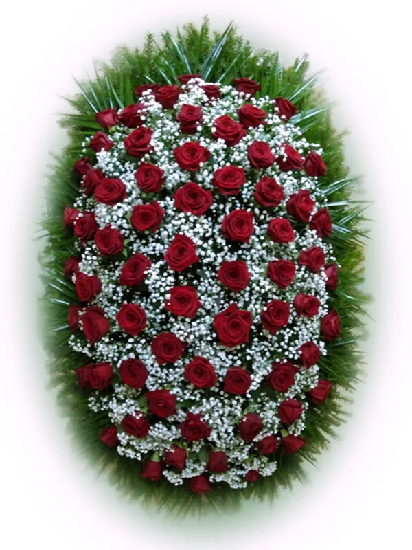 Венок из живых цветов ритуальный, с основой их хвои, бордовые розы, белый гипсофил создают композицию
